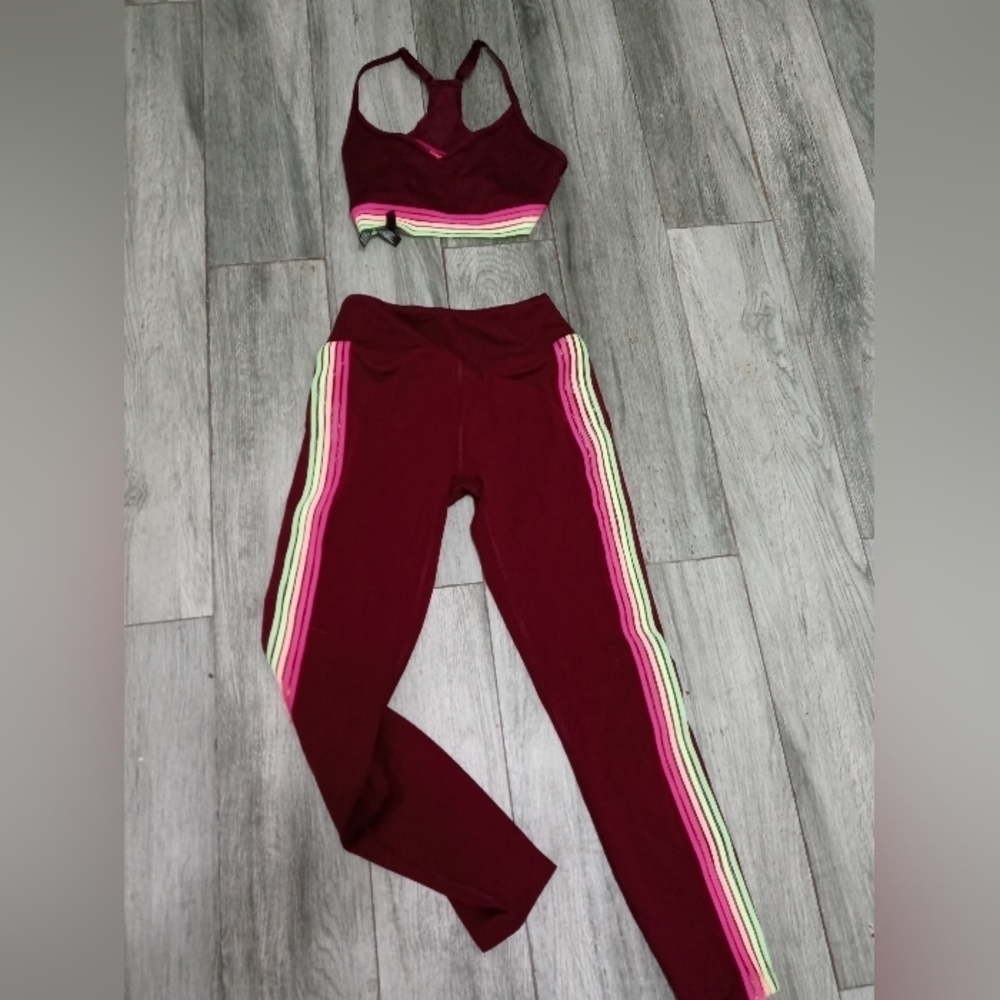 Pink Ultimate Sports 2Pc Yoga Sports Bra And Pants Maroon And Neon Striped